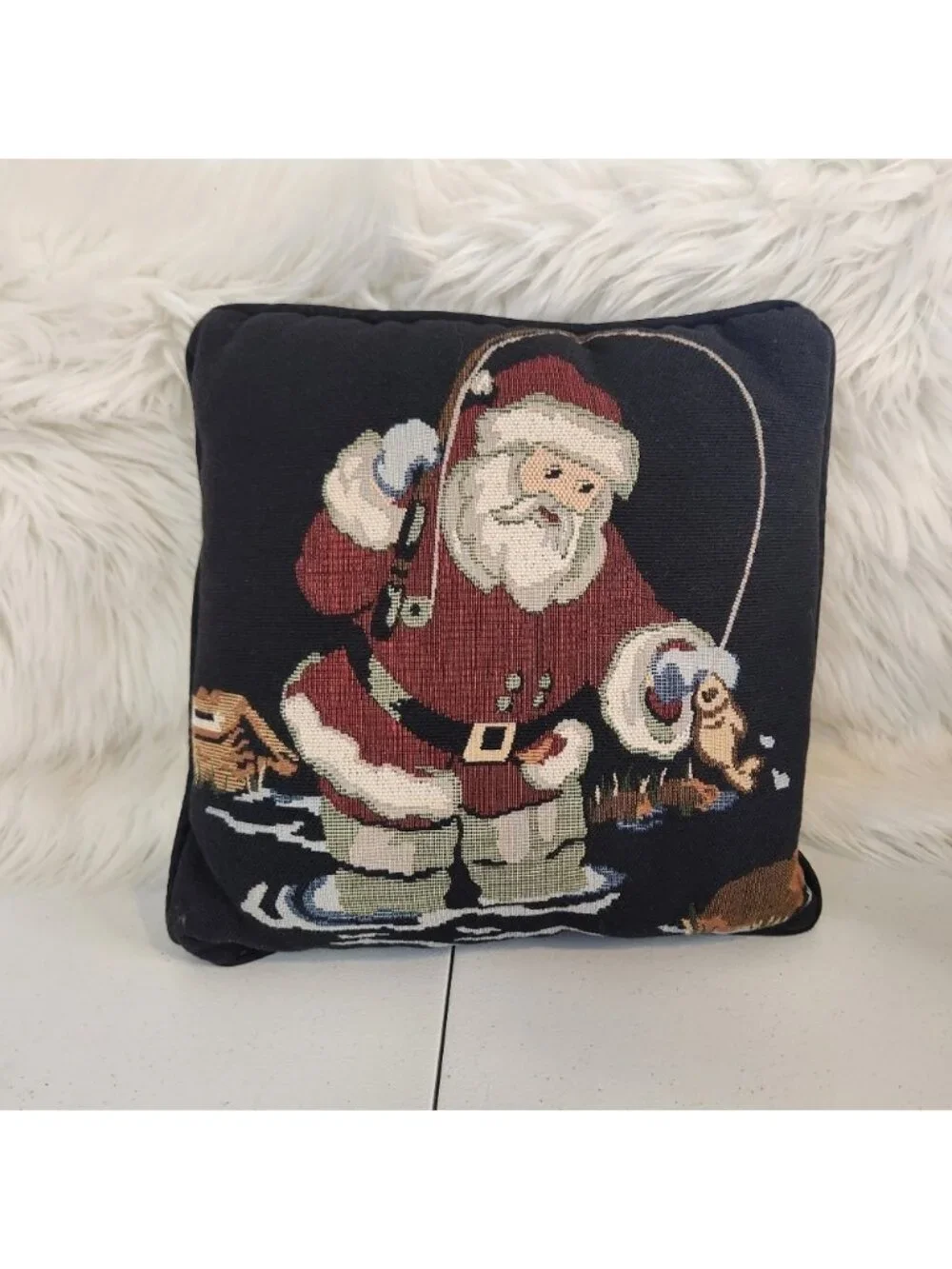 Vintage Tapestry Pillow Square Fishing Santa Claus Christmas Decor 1990s Fish